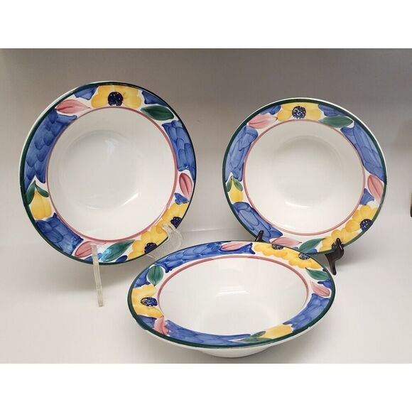 Pier 1 Hand Painted Serving Bowl Floral Multi-color Blue Yellow Italy 11” VTG
